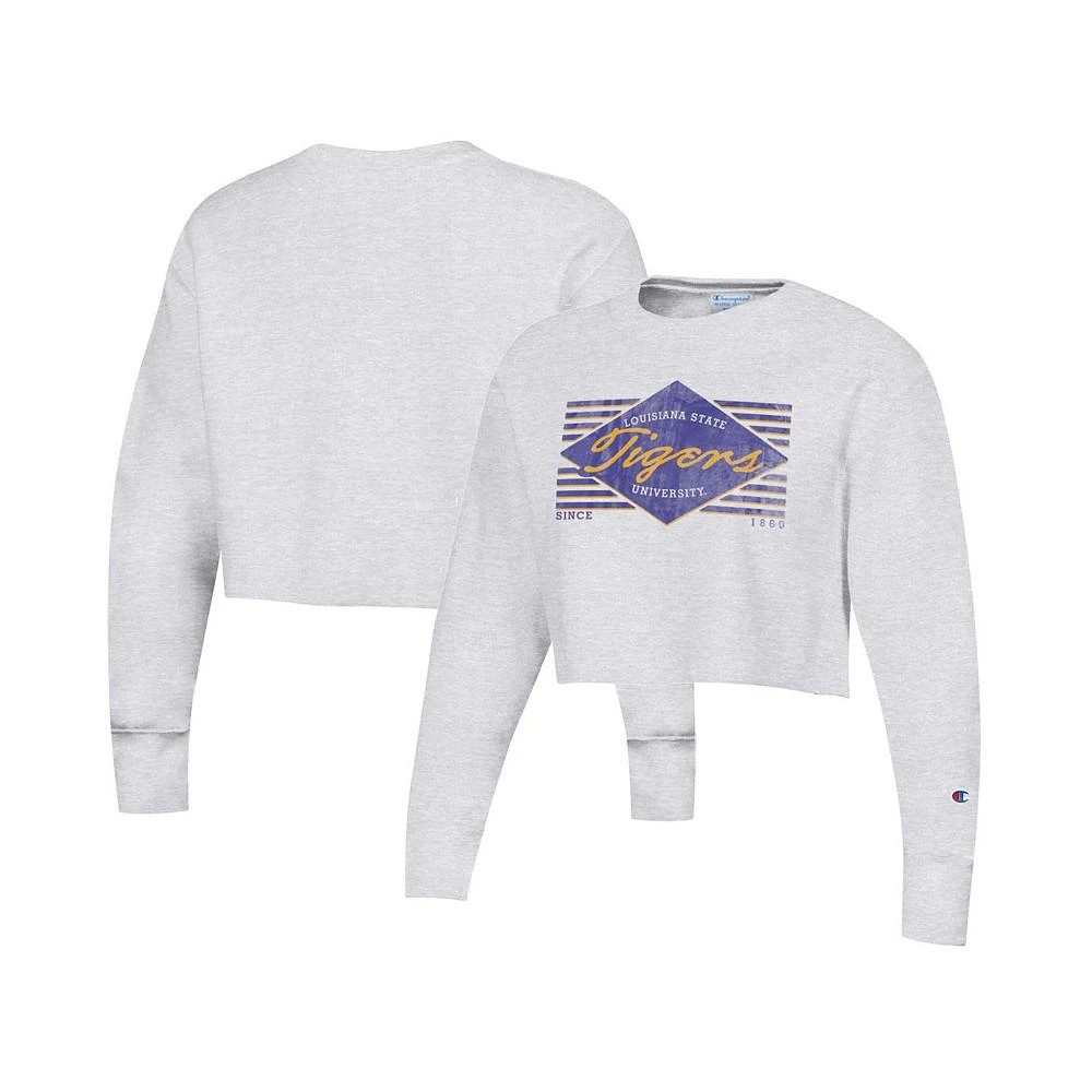 商品CHAMPION|Women's Heather Gray Distressed LSU Tigers Reverse Weave Cropped Pullover Sweatshirt,价格¥383,第1张图片