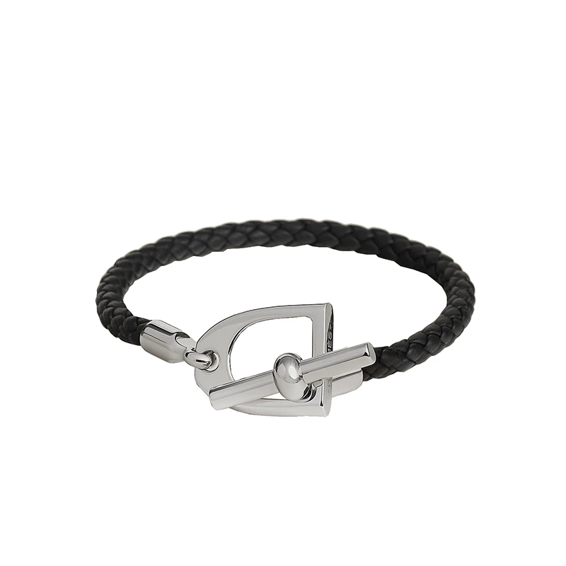 商品Hermes|爱马仕24新款 男士黑色小牛皮金属编织马镫扣手链 H100063FP89T6,价格¥3378,第1张图片