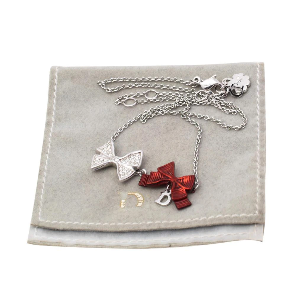 Dior Crystal Silver/Red Tone Textured Bow Pendant Necklace 商品