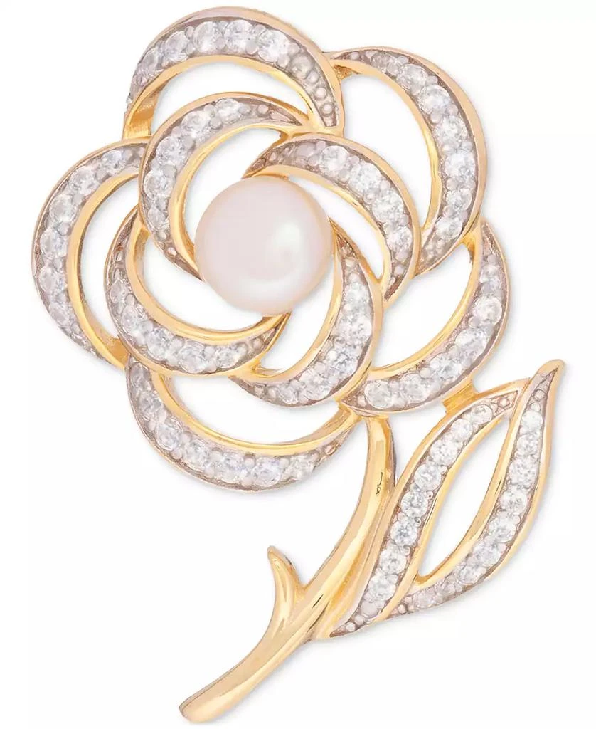 商品Macy's|Cultured Freshwater Pearl (6-1/2mm) & Cubic Zirconia Flower & Stem Pin in 18k Gold-Plated Sterling Silver,价格¥736,第1张图片