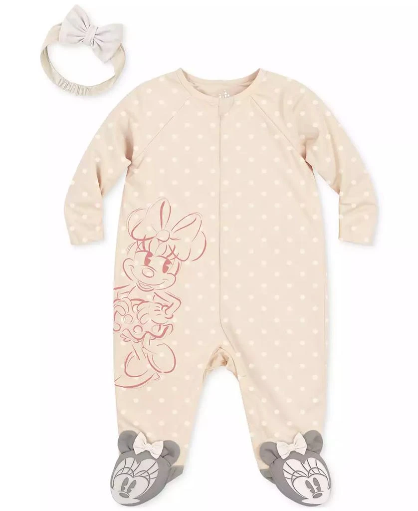 商品Disney|Baby Girls Minnie Mouse Footed Coverall & Headband, 2 Piece Set,价格¥111,第1张图片