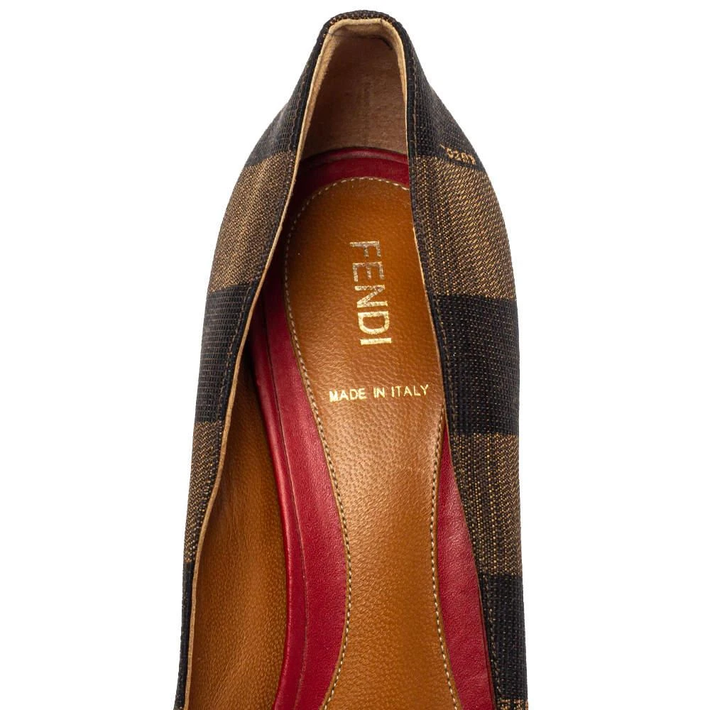 Fendi Red Leather And Brown Pequin Canvas Peep Toe Pumps Size 39.5 商品