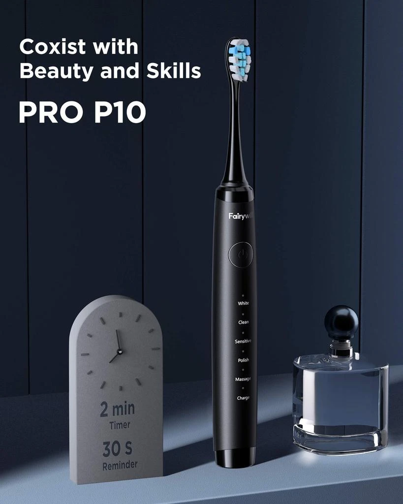 商品Fairywill|Electric Toothbrush for Adults, Fairywill PRO P10 Quieter Ultrasonic Whitening Toothbrush, USB Rechargeable with 5 Modes, Smart Timer, IPX7 waterproof, 4 Brush Heads & 2 Tongue scraper & 1 Travel Case,价格¥263,第2张图片详细描述