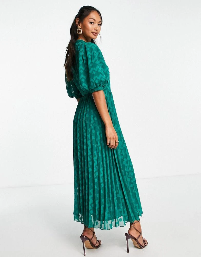 商品ASOS|ASOS DESIGN high neck pleated chevron dobby midi dress with puff sleeve in forest green,价格¥227,第3张图片详细描述