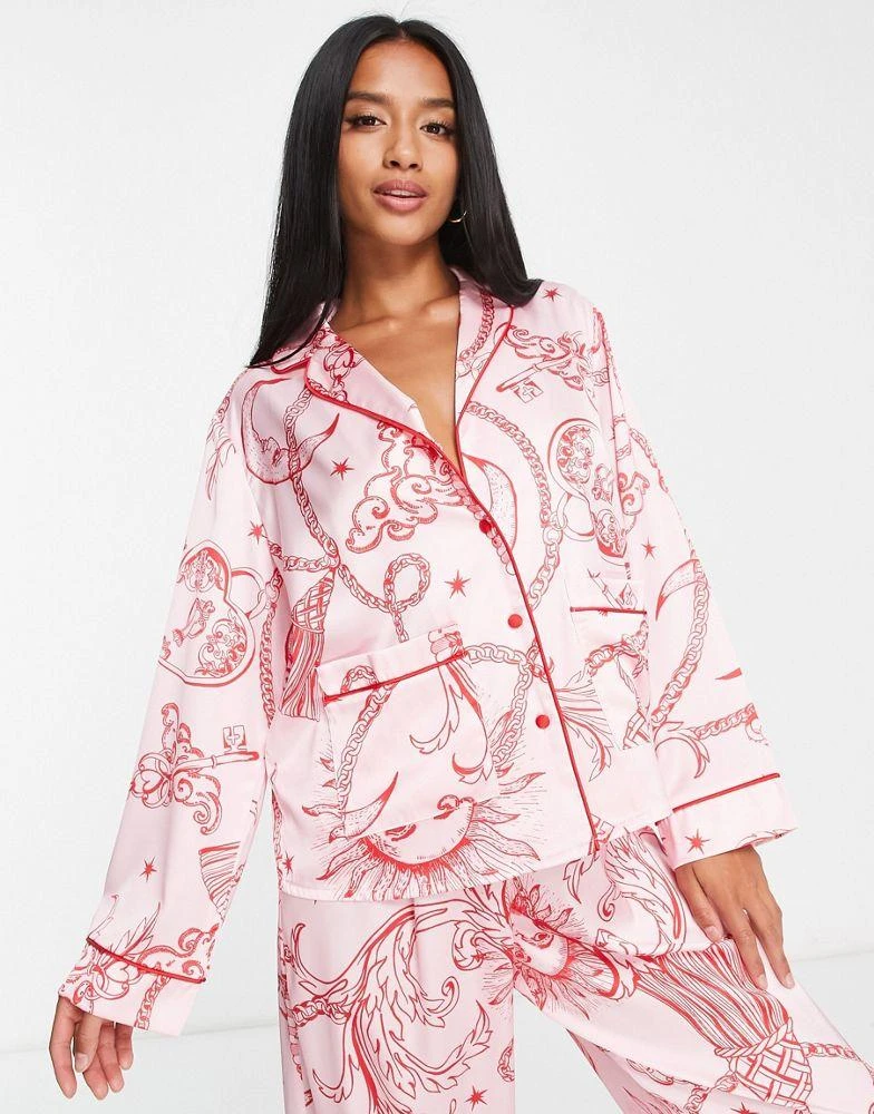 商品ASOS|ASOS DESIGN Petite satin celestial baroque shirt & trouser pyjama set in pink & red,价格¥381,第4张图片详细描述