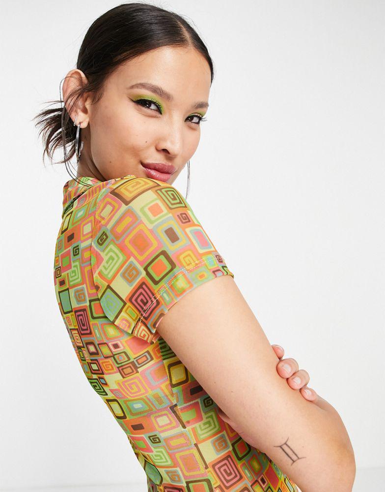 商品The Ragged Priest|The Ragged Priest 70s mini shirt dress in retro print mesh,价格¥453,第6张图片详细描述