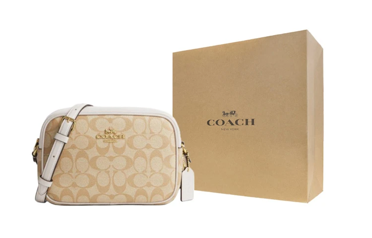 商品[国内直发] Coach|蔻驰 Jamie 22 经典老花金标五金扣拉链 涂层帆布拼光滑皮革 相机包单肩斜挎包 中号 女款 浅卡其色拼粉笔白色,价格¥1451,第7张图片详细描述