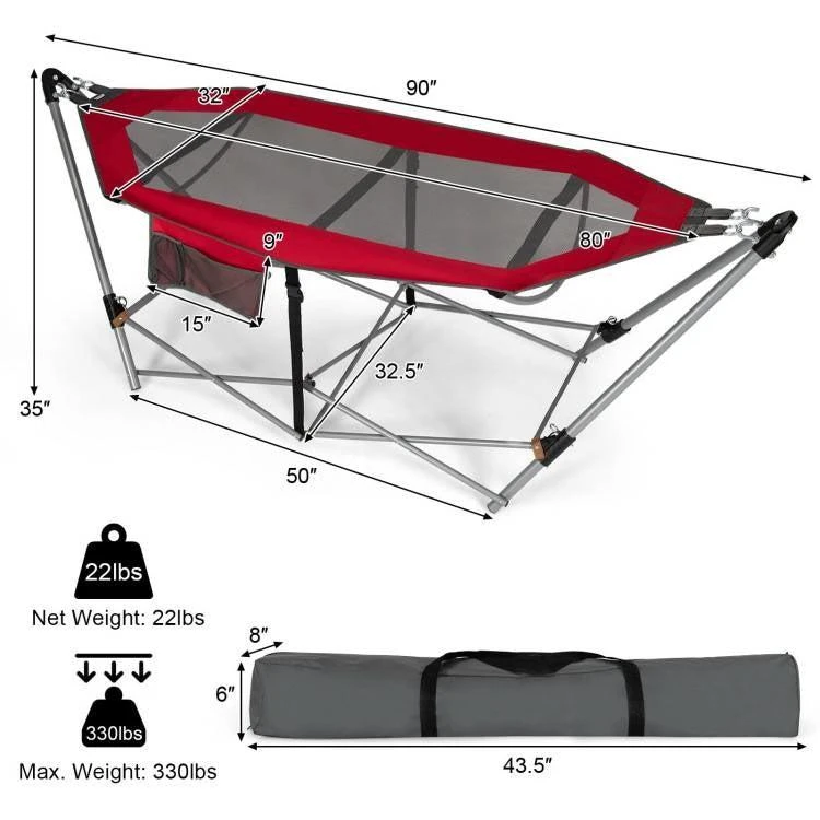 商品Hivvago|Red Portable Camping Foldable Hammock with Stand and Carry Case,价格¥1597,第4张图片详细描述