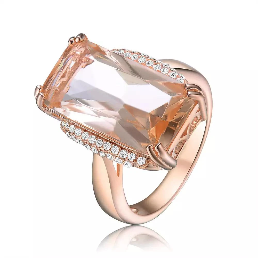 商品Genevive|Sterling Silver with Rose Gold Plated Champagne Radiant Cubic Zirconia Solitaire Accented with Clear Round Cubic Zirconias Cocktail Ring,价格¥324,第1张图片