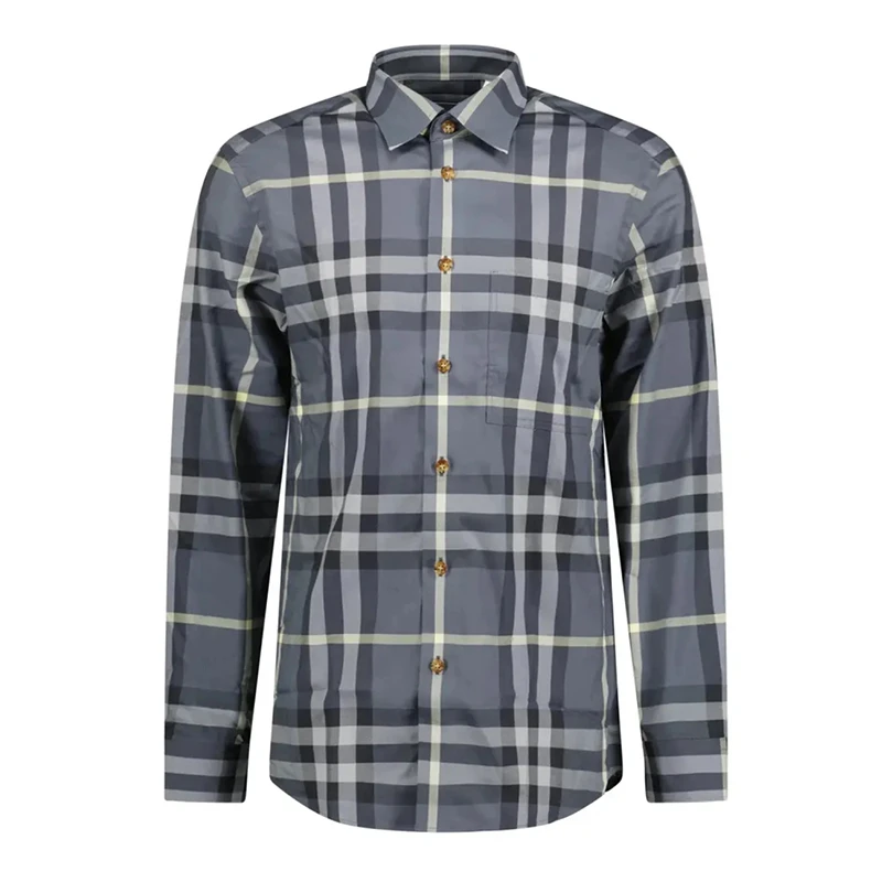 商品Burberry|【现货】博柏利 男士灰色拼色格纹印花单排扣衬衫 80929141（两色可选）,价格¥1459,第1张图片