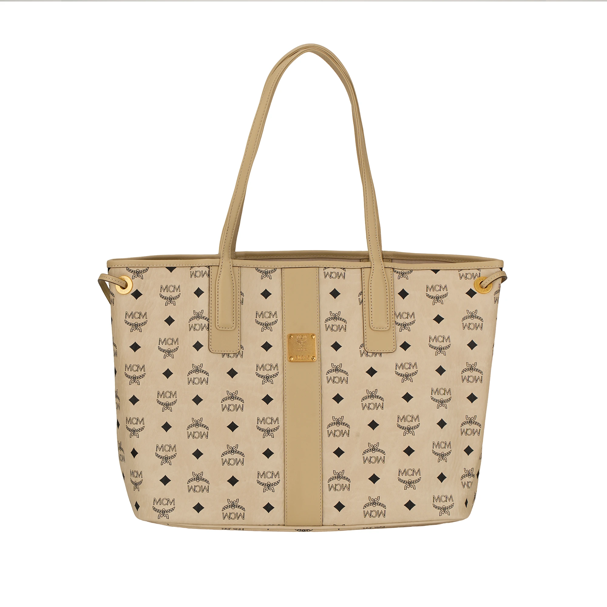 商品[国内直发] MCM|Liz Visetos 老花满印内衬大容量帆布字母包托特包Tote包购物袋单肩包手提包 中号 女款 米色拼黑色,价格¥3891,第1张图片