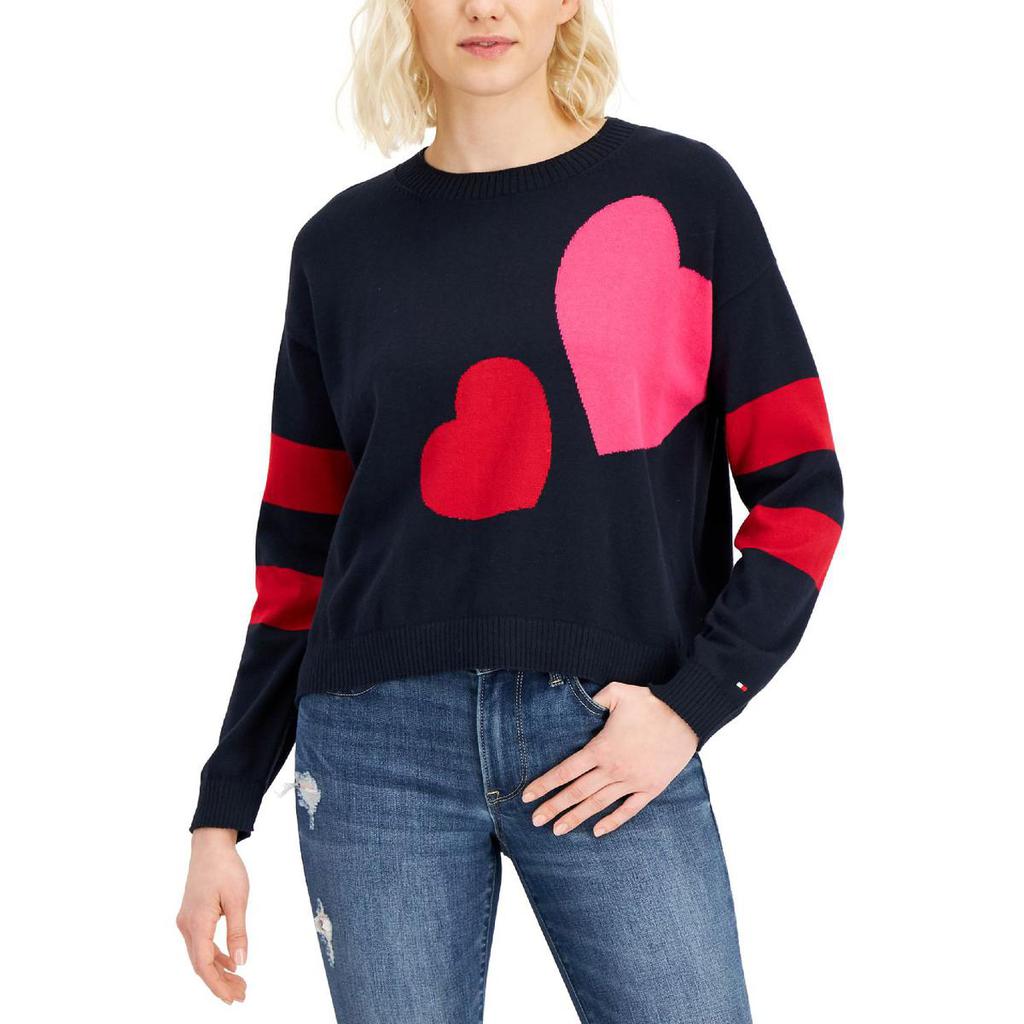 Tommy Hilfiger Womens Double Heart Graphic Stripe Trim Crewneck Sweater商品第1张图片规格展示