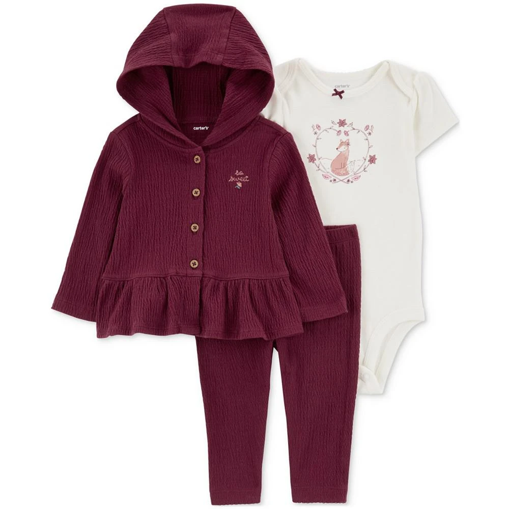 商品Carter's|Baby Girls 3-Pc. Crinkle Jersey Hooded Cardigan, Printed Bodysuit & Pants Set,价格¥144,第1张图片