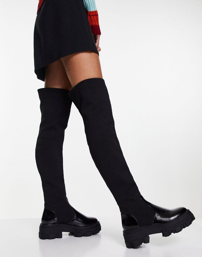 ASOS DESIGN Wide Fit Kimmy flat chunky over the knee boots in black商品第4张图片规格展示