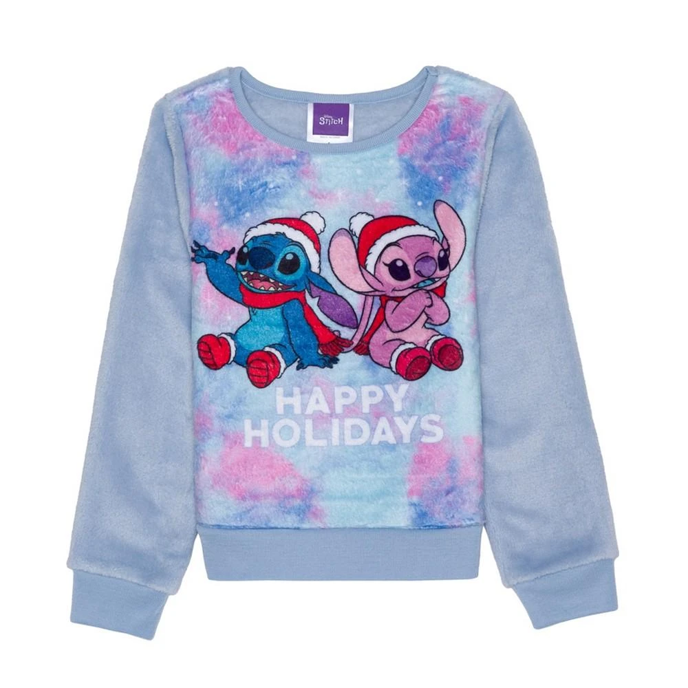 商品Disney|Little Girls Stitch Happy Holidays Long Sleeve Plush Pullover Sweatshirt,价格¥115,第1张图片