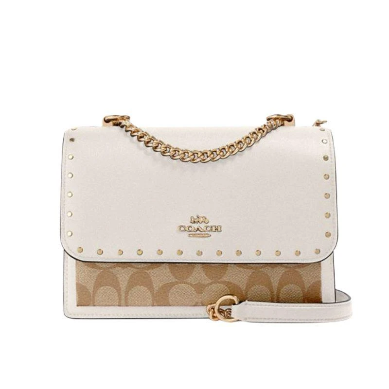 商品Coach|蔻驰COACH女士风琴包链条斜挎单肩包90400卡其白铆钉IMOT4,价格¥3211,第1张图片