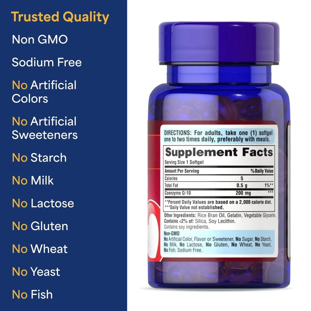 商品Puritan's Pride|Puritan's Pride Coenzyme CoQ10 200mg, Dietary Supplement for Heart Health, Blood Pressure, Oral Gum Health, and Healthy Aging Support, 240 Rapid Release Softgels, 2-Pack,价格¥339,第5张图片详细描述