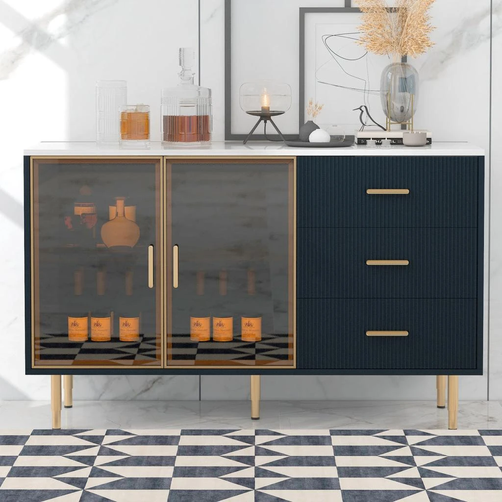 商品Simplie Fun|Modern Sideboard MDF Buffet Cabinet Marble Sticker Tabletop and Amber-yellow Tempered Glass Doors,价格¥4866,第2张图片详细描述