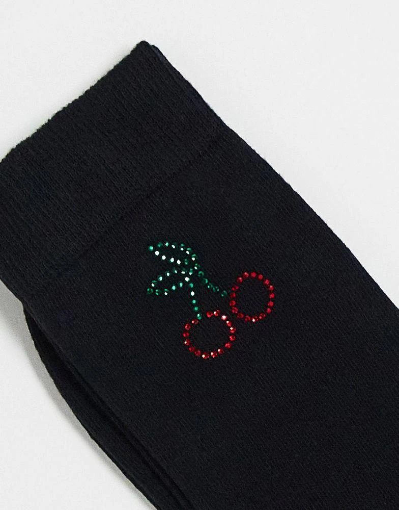 商品ASOS|ASOS DESIGN ankle socks in black with rhinestone cherry design,价格¥48,第3张图片详细描述