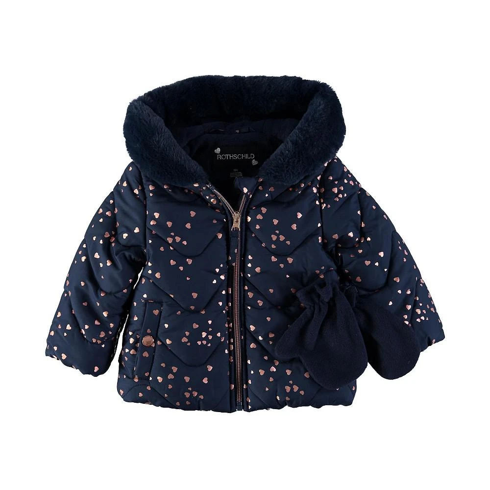 商品S Rothschild & CO|Baby Girls Heart Foil Print Quilted Puffer Hooded Jacket with Mittens,价格¥139,第1张图片