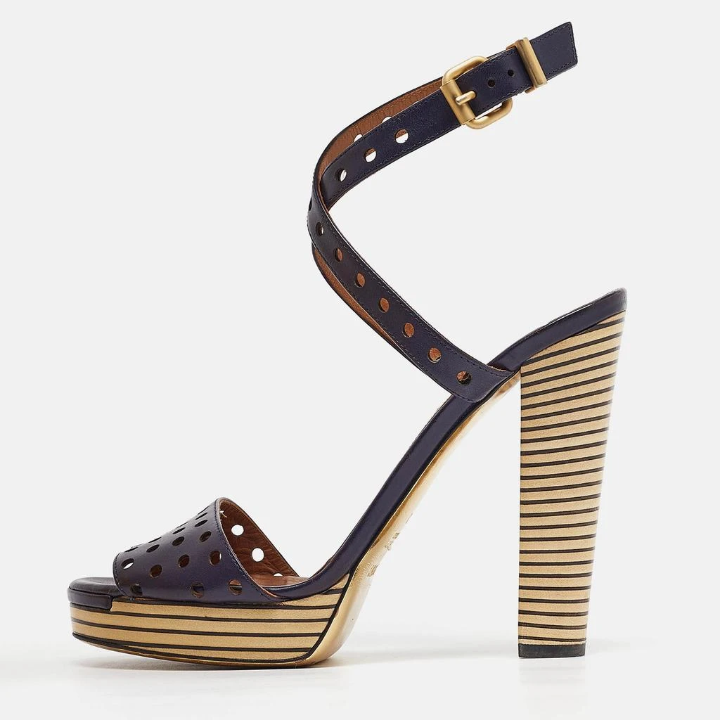 商品[二手商品] Fendi|Fendi Navy Blue Perforated Leather Ankle Strap Platform Sandals Size 40,价格¥851,第1张图片
