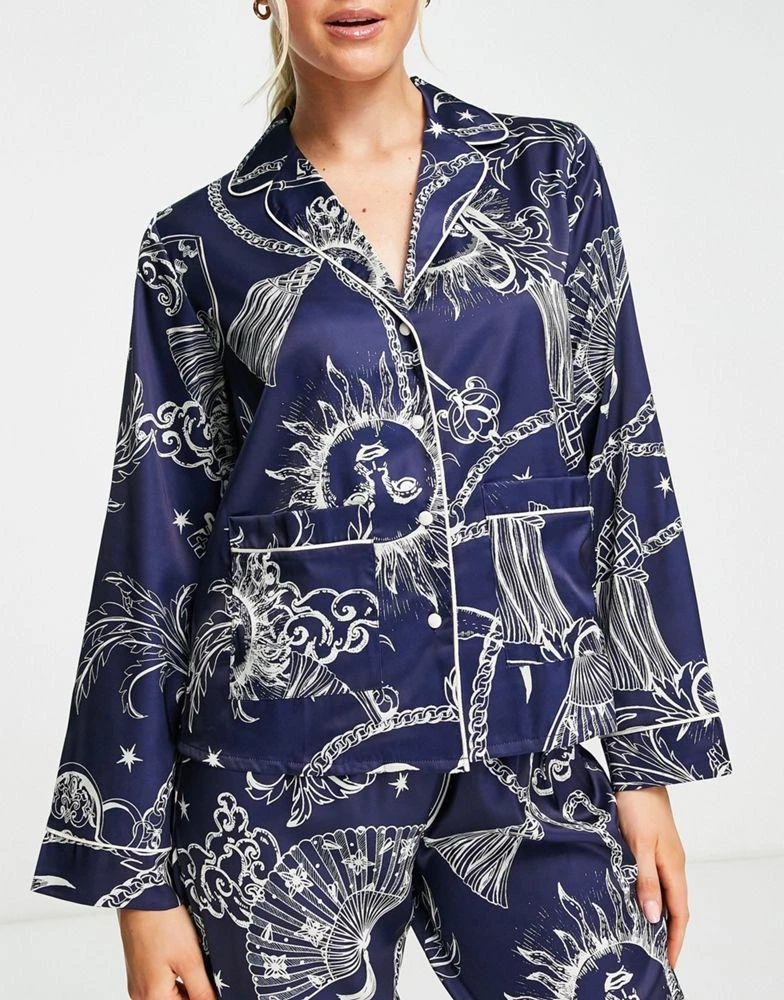 商品ASOS|ASOS DESIGN satin celestial baroque shirt & trouser pyjama set in navy & cream,价格¥216,第4张图片详细描述