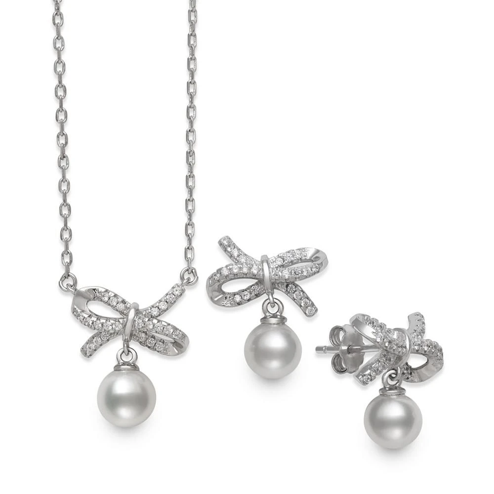 商品Belle de Mer|2-Pc. Set Cultured Freshwater Pearl (6mm) & Cubic Zirconia Ribbon Pendant Necklace & Matching Drop Earrings in Sterling Silver,价格¥2417,第1张图片
