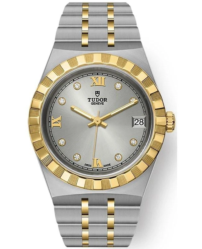 商品Tudor|Tudor Royal Silver Diamond Dial Stainless Steel and Yellow Gold Unisex Watch M28403-0002,价格¥33600,第1张图片