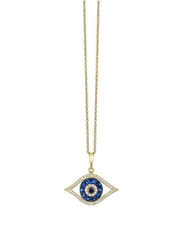 商品Effy|Novelty 14K Yellow Gold, Sapphire, White & Black Diamond Evil Eye Pendant Necklace,价格¥4931,第1张图片