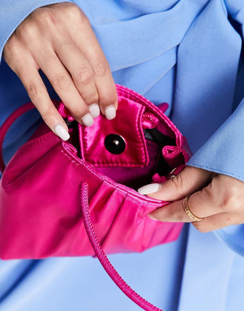 ASOS DESIGN ruched satin clutch bag with detachable crossbody strap in bright pink商品第2张图片规格展示