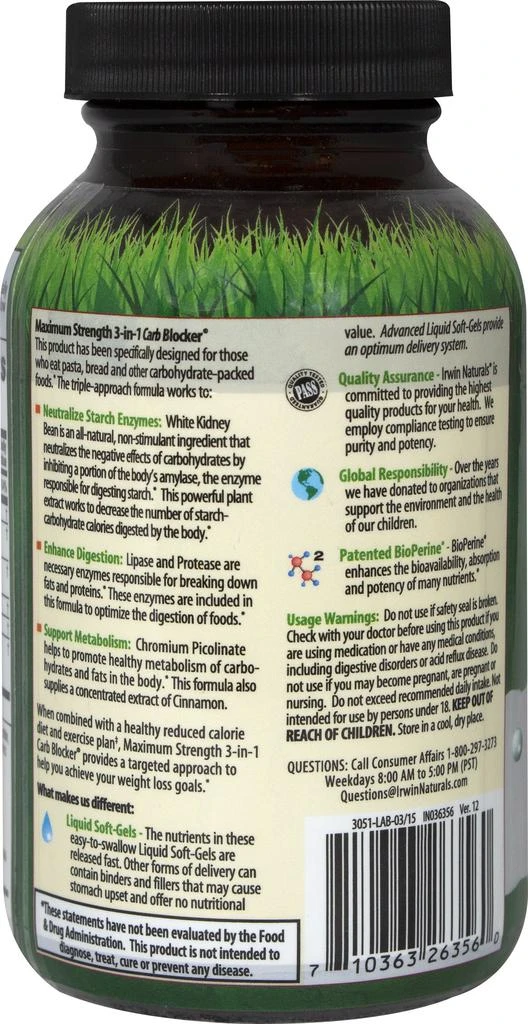 商品Irwin Naturals|Maximum Strength 3 in 1 Carb Blocker 75 Softgels,价格¥159,第3张图片详细描述