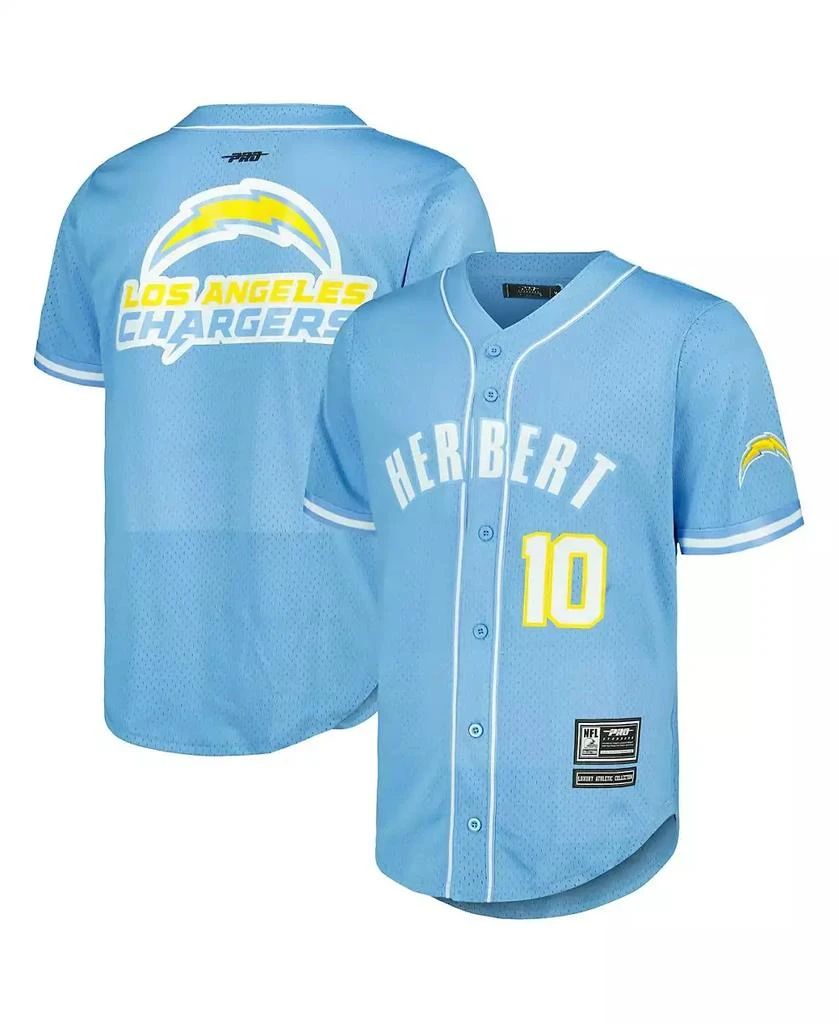 商品Pro Standard|Men's Justin Herbert Powder Blue Los Angeles Chargers Mesh Baseball Button-Up T-shirt,价格¥658,第1张图片