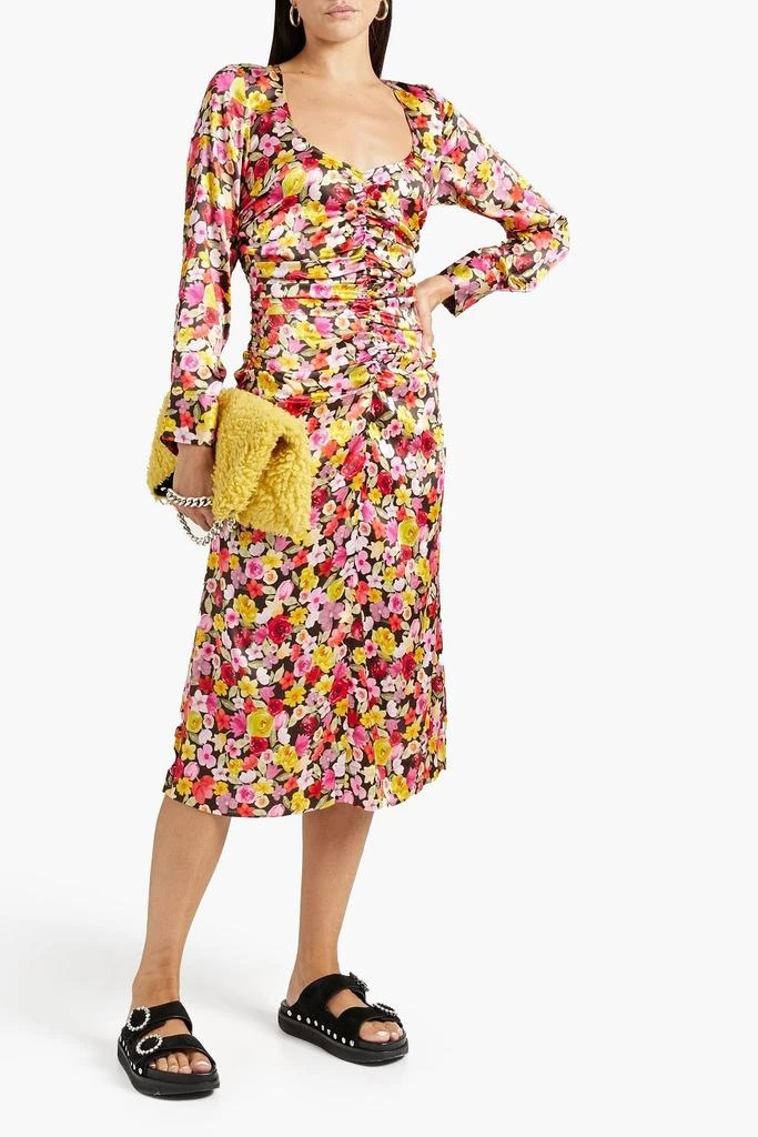 商品Ganni|Ruched floral-print silk-blend satin midi dress,价格¥720,第2张图片详细描述