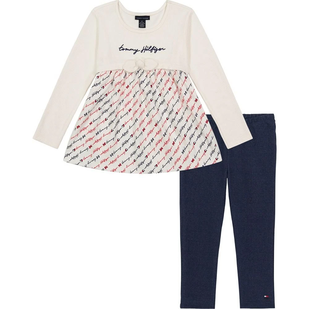 商品Tommy Hilfiger|Little Girls Twist-Tie Twofer Logo Tunic and Faux Denim Leggings, 2 Piece Set,价格¥404,第1张图片