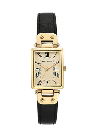 Black Leather Strap Gold Tone Case Watch商品第1张图片规格展示