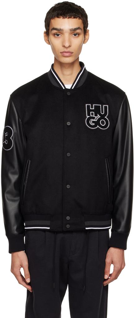 Black Varsity Faux-Leather Bomber Jacket商品第1张图片规格展示