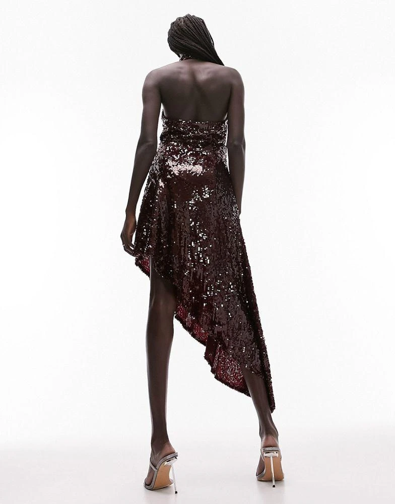 商品Topshop|Topshop sequin halter asymmetric midi dress in burgundy,价格¥426,第4张图片详细描述