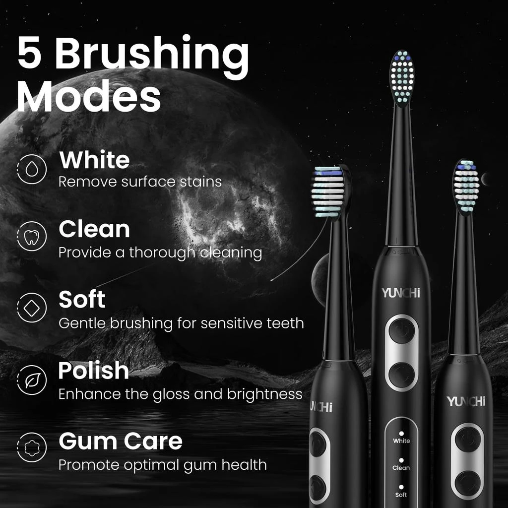 商品YUNCHI|YUNCHI Electric Toothbrush for Adults, Sonic Toothbrush, Rechargeable Electric Toothbrush with 4 Brush Heads,5 Modes & 2 Minutes Smart Timer,Waterproof,Battery Toothbrush,Black,价格¥118,第3张图片详细描述