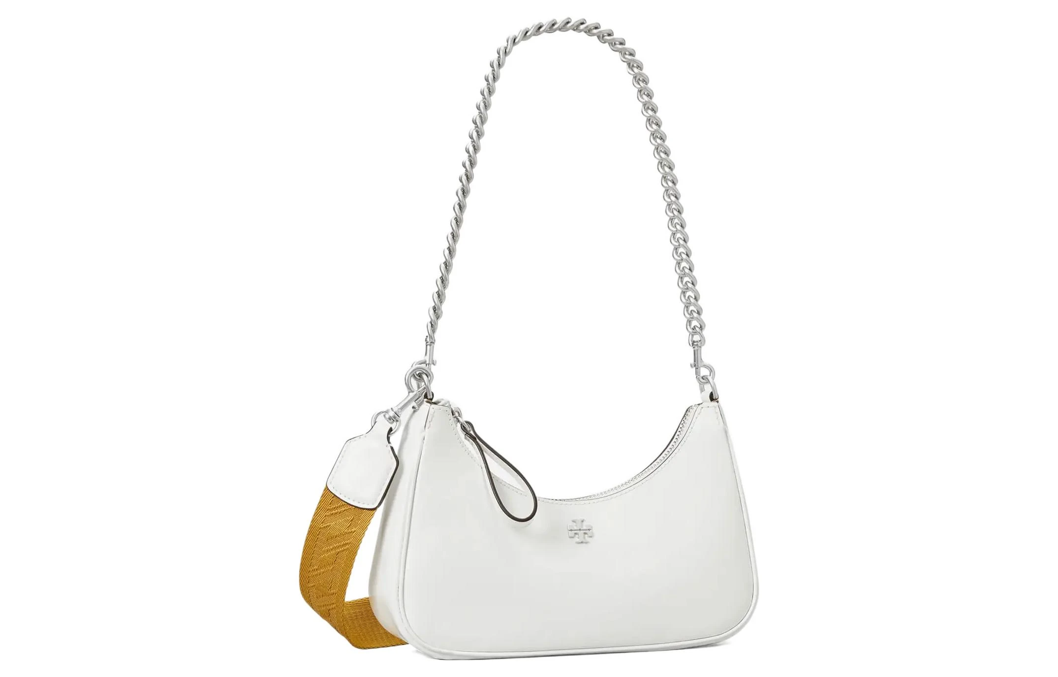 商品[国内直发] Tory Burch|MERCER 银色双T标志拼色可拆卸肩带 皮革 月牙包腋下包手提单肩包 小号 女款 白色,价格¥2114,第4张图片详细描述