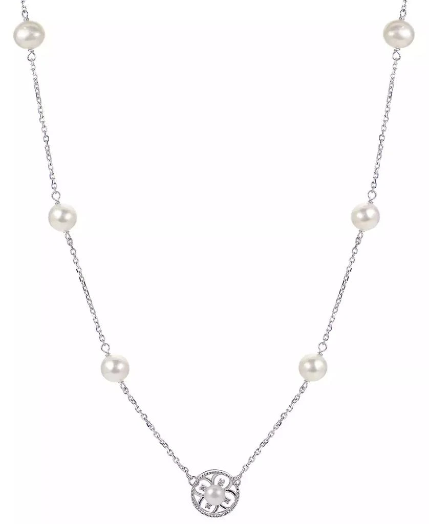 商品Macy's|Cultured Freshwater Pearl (5 - 6-1/2mm) & Lab-Created White Sapphire (1/20 ct. t.w.) Flower 18" Pendant Necklace in Sterling Silver,价格¥702,第1张图片