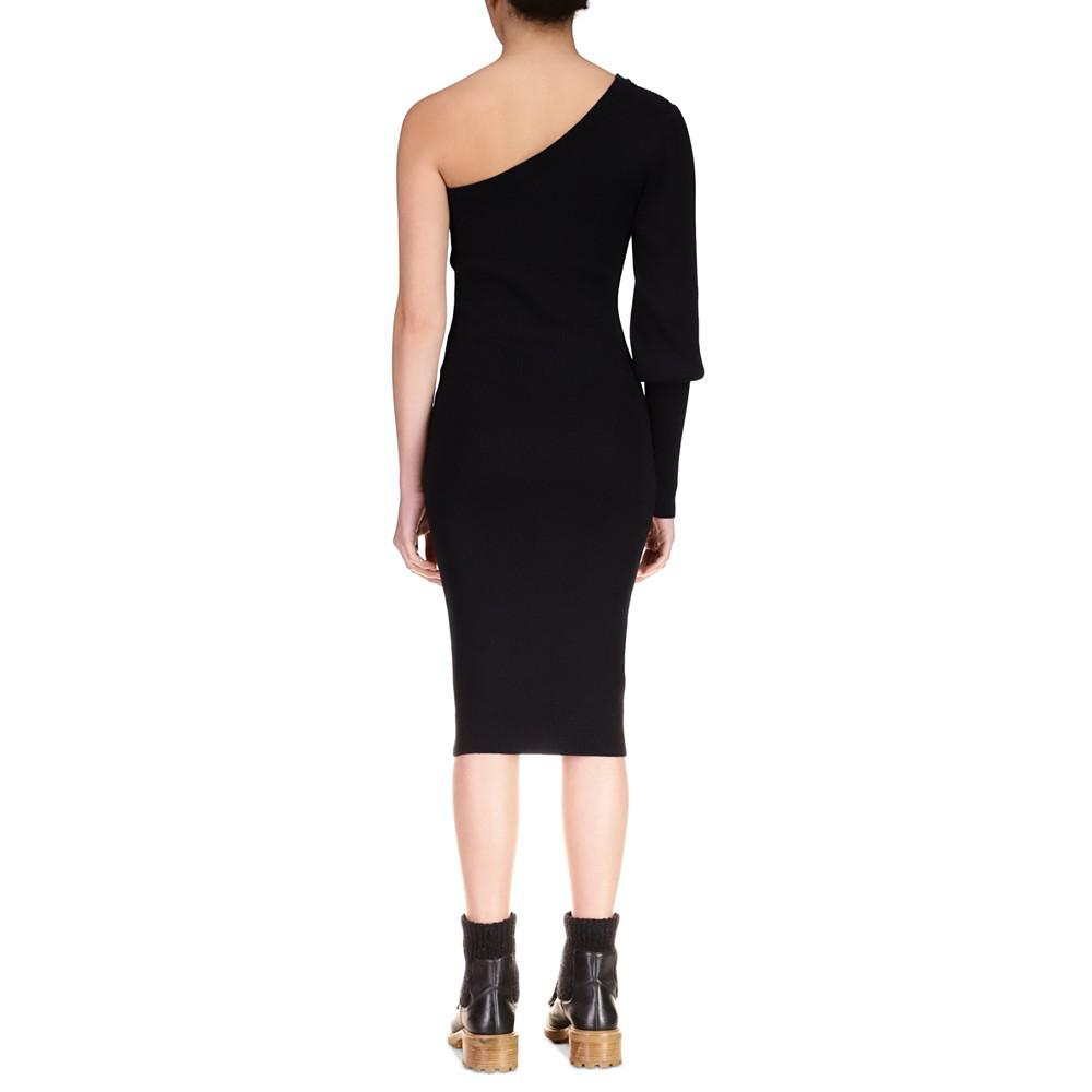 Women's One-Shoulder Puff-Sleeve Ribbed Midi Dress商品第2张图片规格展示