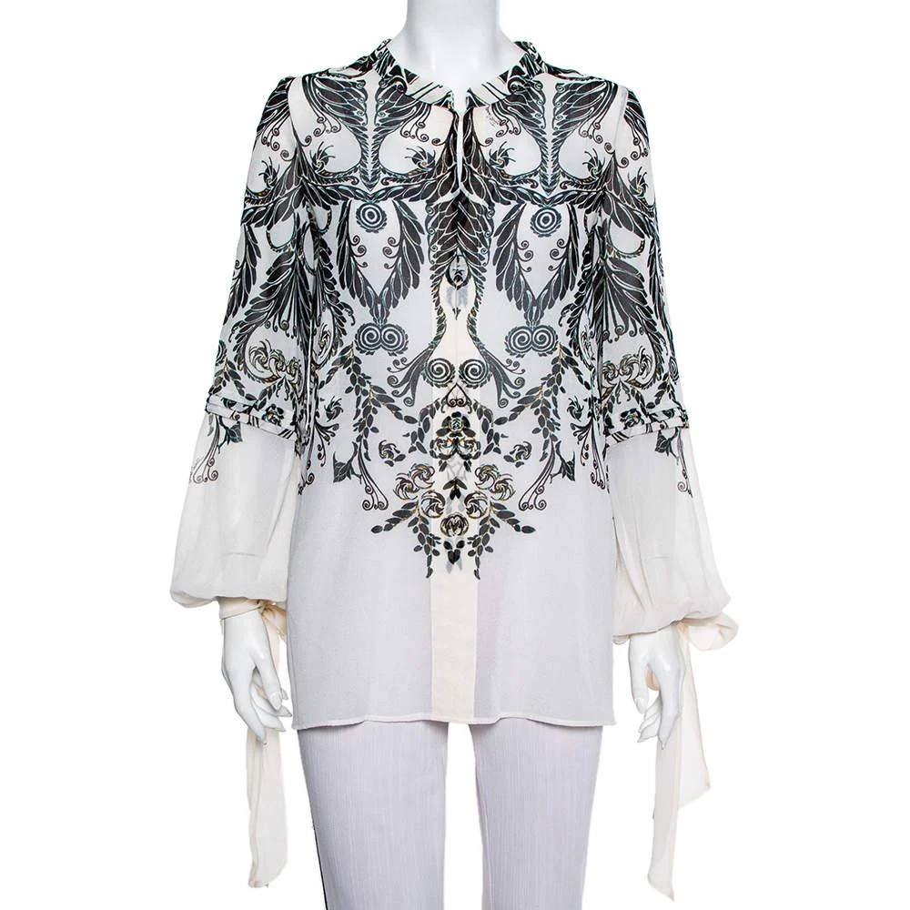 商品[二手商品] Just Cavalli|Just Cavalli Monochrome Printed Silk Sleeve Tie Detail Top M,价格¥1496,第1张图片