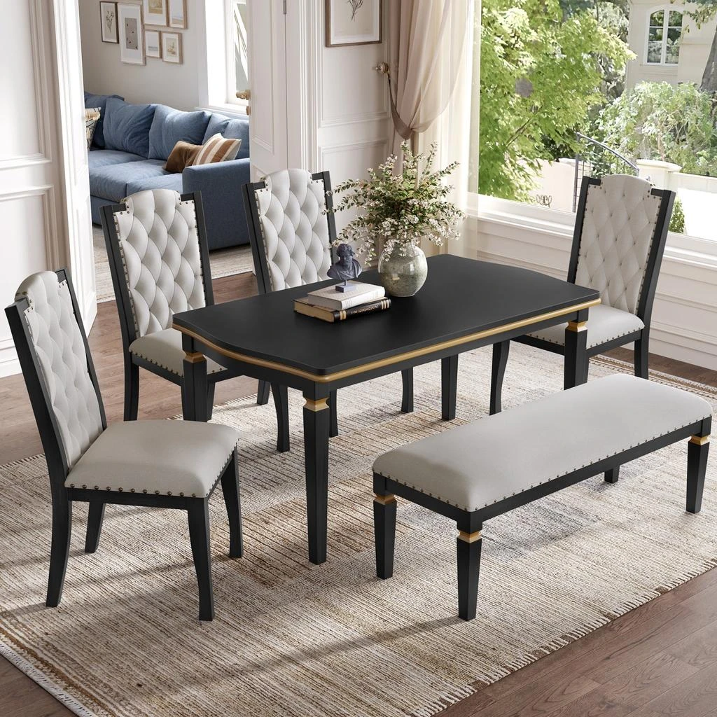 商品Streamdale Furniture|Streamdale 6-Piece Dining Table Set: 60" Table, 4 Tufted Chairs & Bench (Black),价格¥7327,第2张图片详细描述