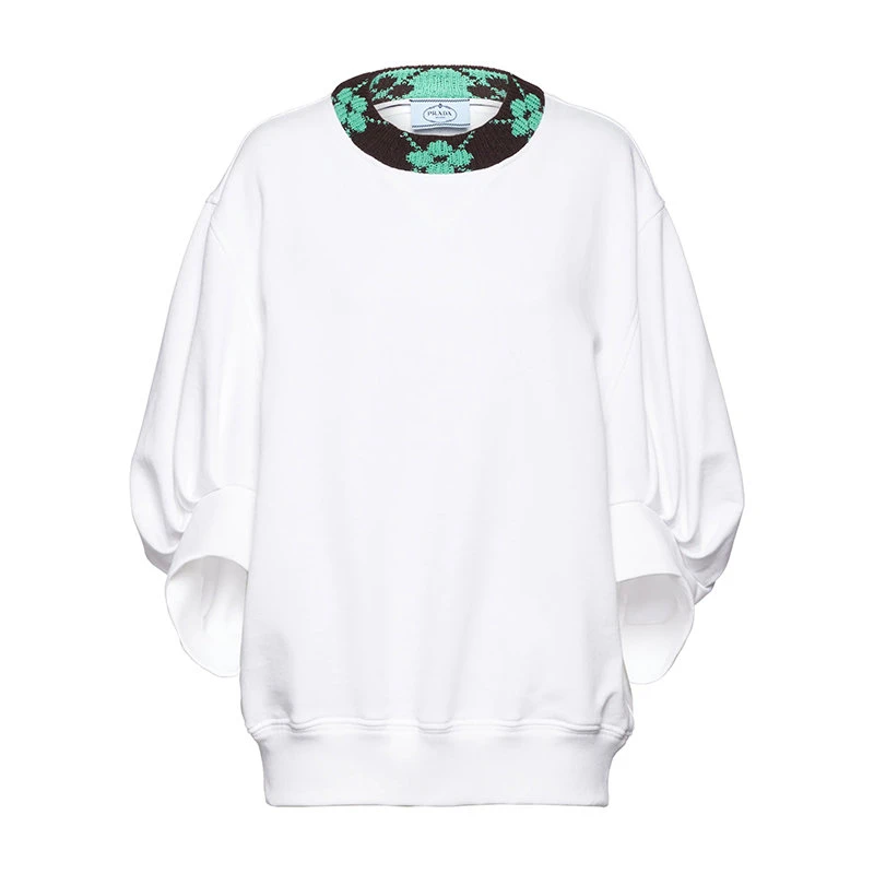 商品Prada|【预售3-7天】普拉达 21年秋冬 女士白色提花细节Oversize圆领运动衫卫衣135705_1T56_F0K2X_S_212,价格¥9627,第1张图片