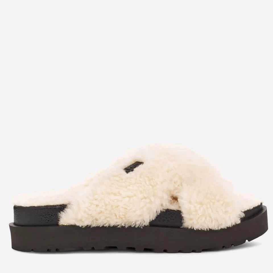 商品UGG|UGG WOMEN'S FUZZ SUGAR CROSS SLIDE SUSTAINABLE SLIPPERS - NATURAL/BLACK,价格¥487,第1张图片