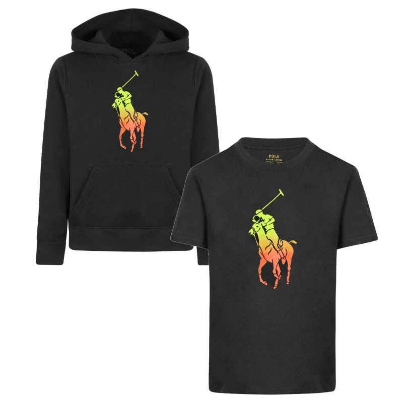 商品Ralph Lauren|Colorful big neon pony logo print cotton black hoodie with kangaroo pockets and t shirt set,价格¥1573,第1张图片