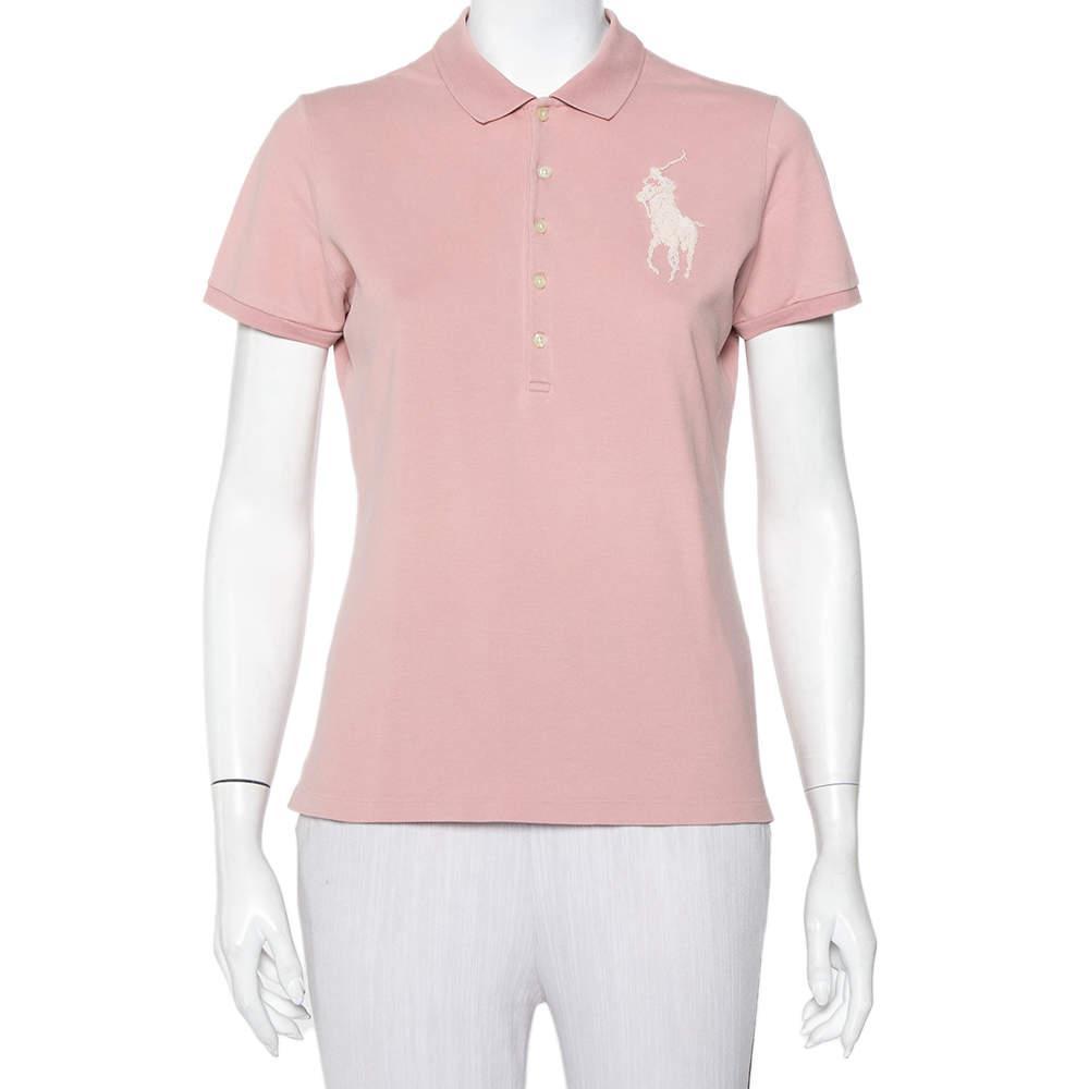 商品[二手商品] Ralph Lauren|Ralph Lauren Blush Pink Cotton Beaded Logo Embellished Polo T- Shirt L,价格¥1236,第1张图片