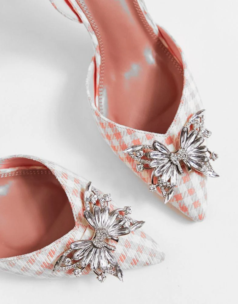 商品ASOS|ASOS DESIGN Wide Fit Santana butterfly detail slingback mid heeled shoes in pink houndstooth,价格¥186,第2张图片详细描述