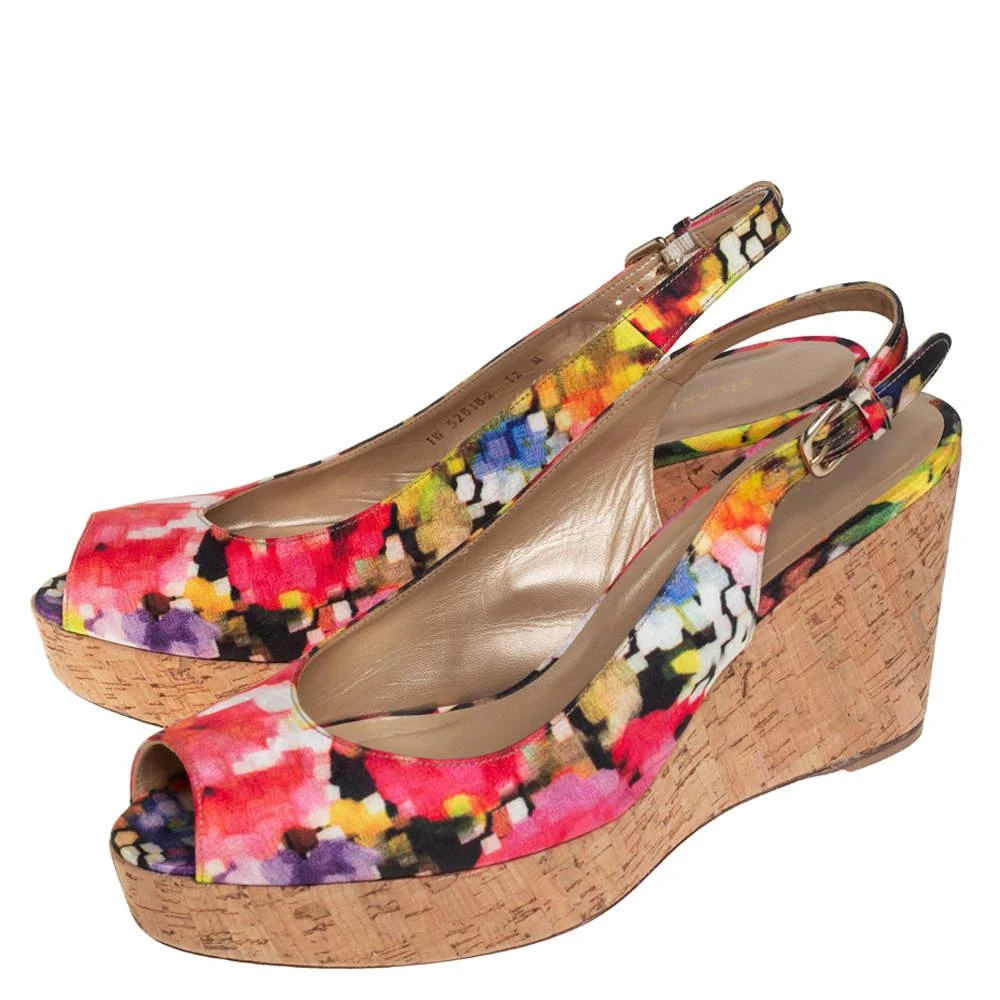 商品[二手商品] Stuart Weitzman|Stuart Weitzman Multicolor Brocade Fabric Cork Wedge Sandals Size 43.5,价格¥1004,第4张图片详细描述