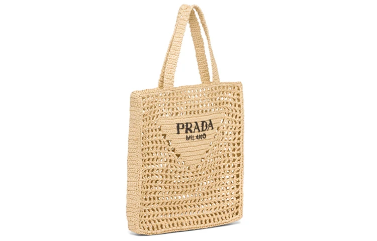商品[国内直发] Prada|普拉达 三角形徽标刺绣Logo编织镂空 拉菲草 托特包Tote包购物袋单肩手提包 女款 沙漠黄,价格¥17205,第3张图片详细描述